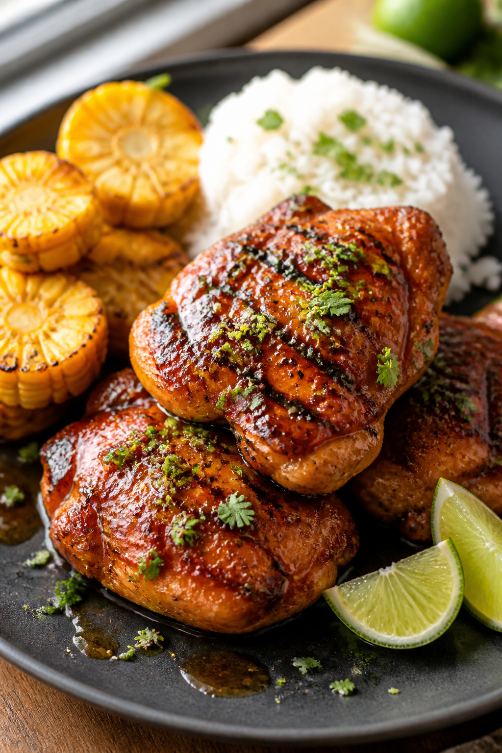 Final dish presentation: Beautifully plated Grilled BBQ Honey Lime Chicken thighs stacked on a matte