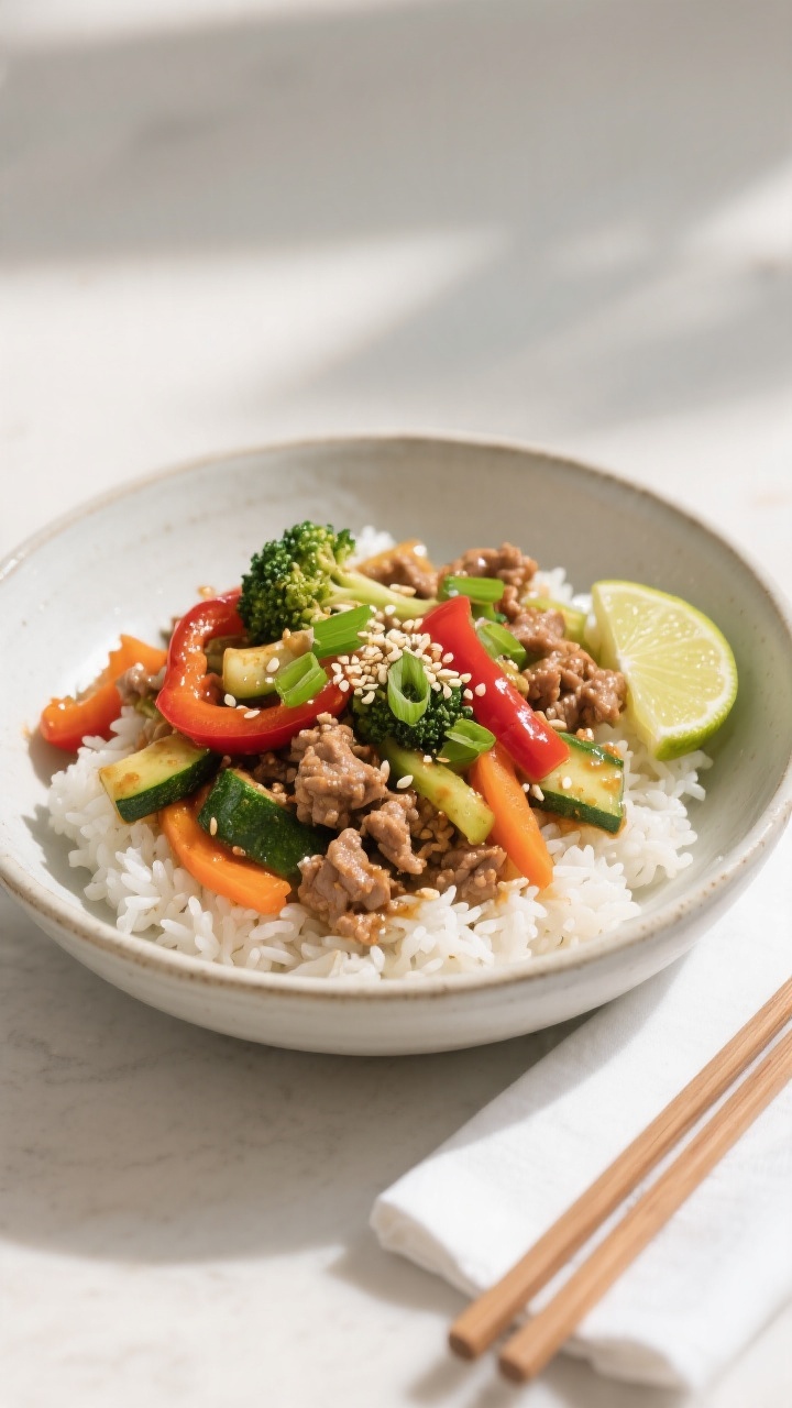 Final dish presentation: Beautifully plated Ground Turkey & Veggie Stir Fry over fluffy jasmine rice