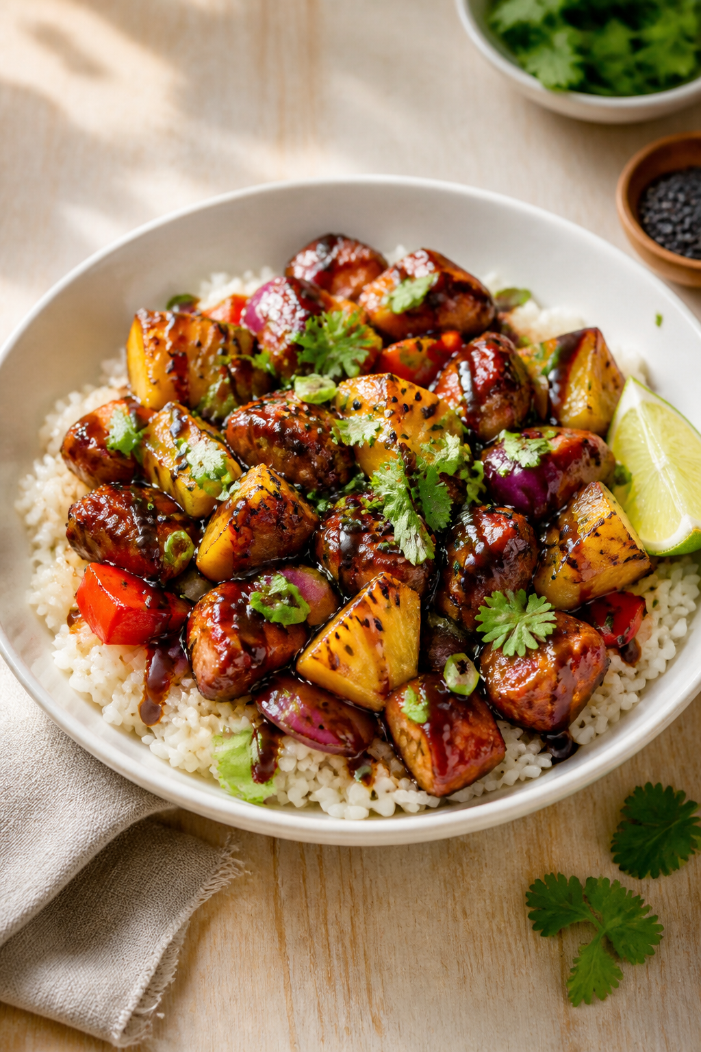 Final dish presentation: Beautifully plated Hawaiian BBQ Chicken Bowl over fluffy jasmine rice in a 