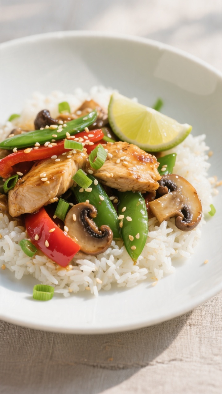 Final dish presentation: Beautifully plated Healthy Chicken & Mushroom Stir Fry over fluffy jasmine 