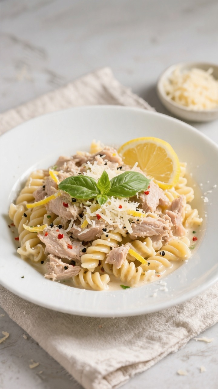 Final dish presentation: Beautifully plated Healthy Garlic Parmesan Turkey Pasta in a wide, shallow