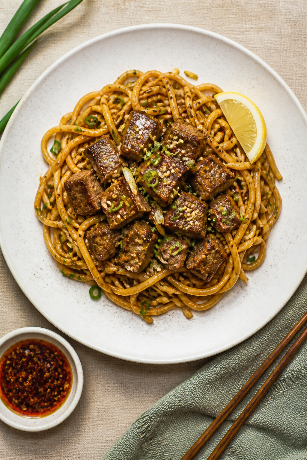 Final dish presentation: Beautifully plated hibachi steak garlic noodles twirled into a neat mound o