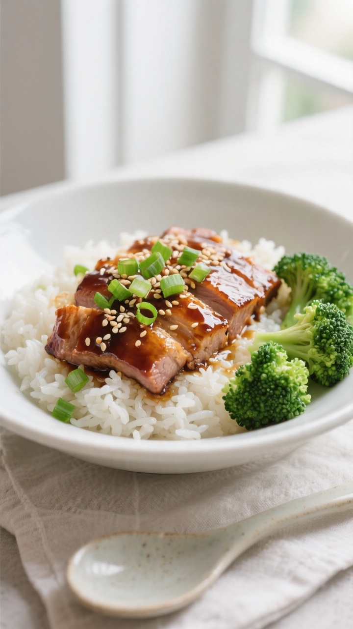 Final dish presentation: Beautifully plated honey soy glazed pork over fluffy steamed jasmine rice i