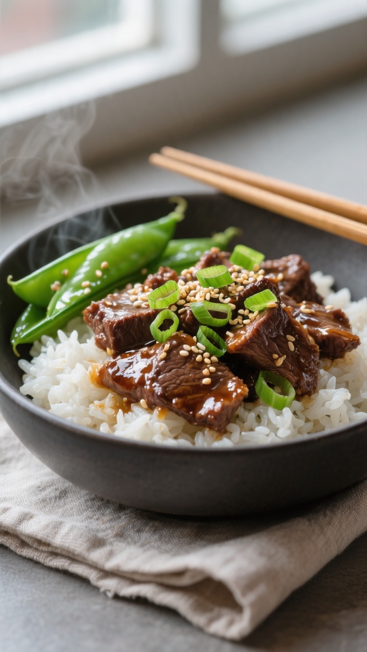 Final dish presentation: Beautifully plated Honey Garlic Beef over fluffy jasmine rice in a warm, ma