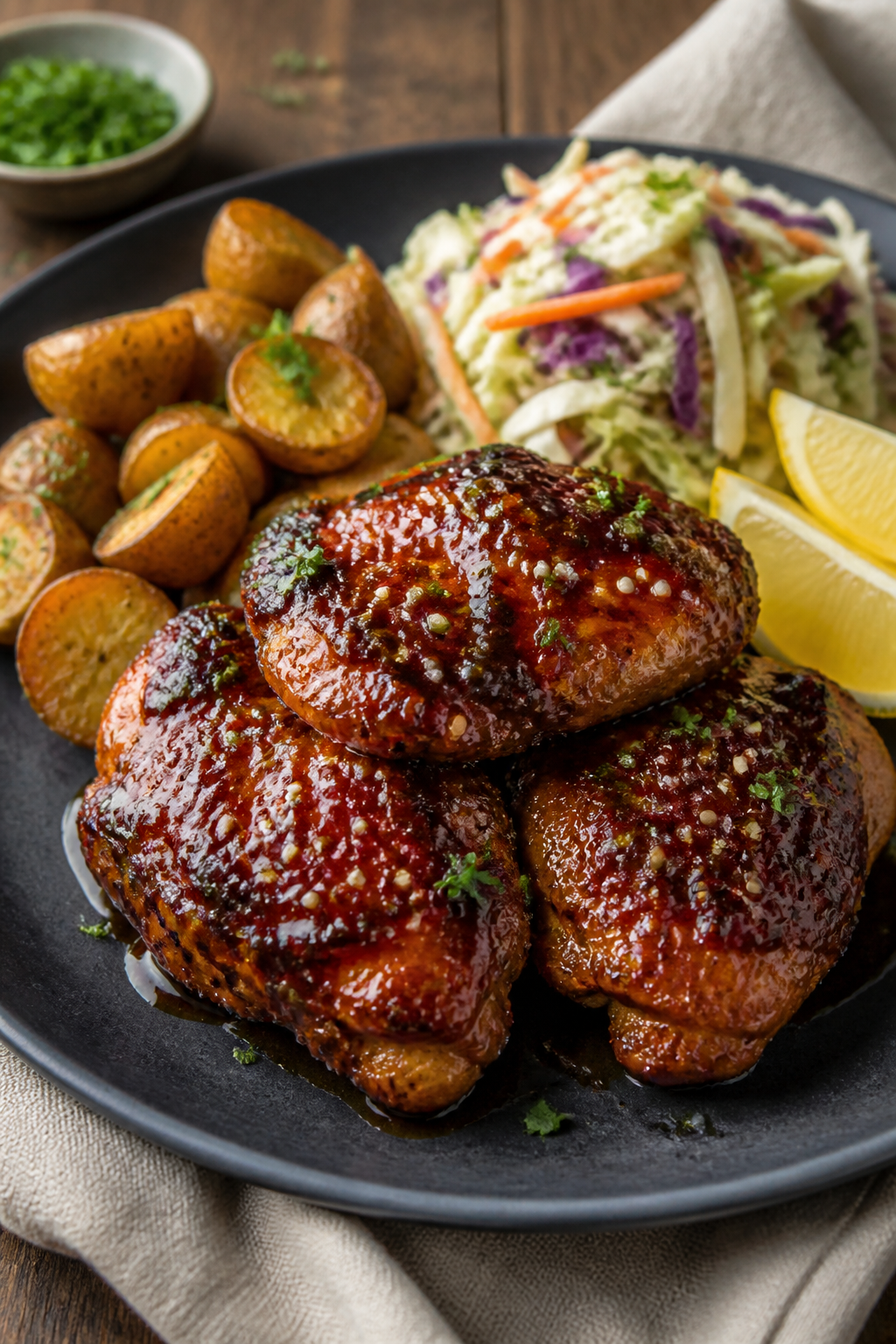 Final dish presentation: Beautifully plated Honey BBQ Chicken Thighs stacked on a matte charcoal pla