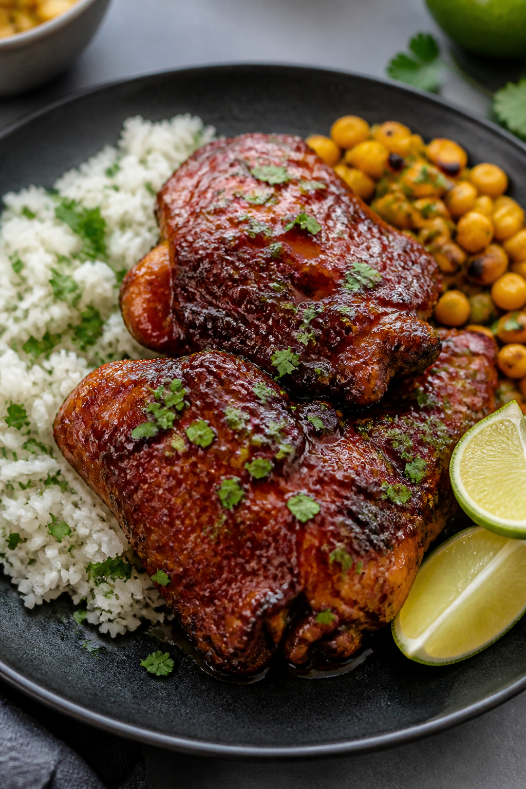 Final dish presentation: Beautifully plated Honey Chipotle Chicken Thighs on a matte charcoal plate,
