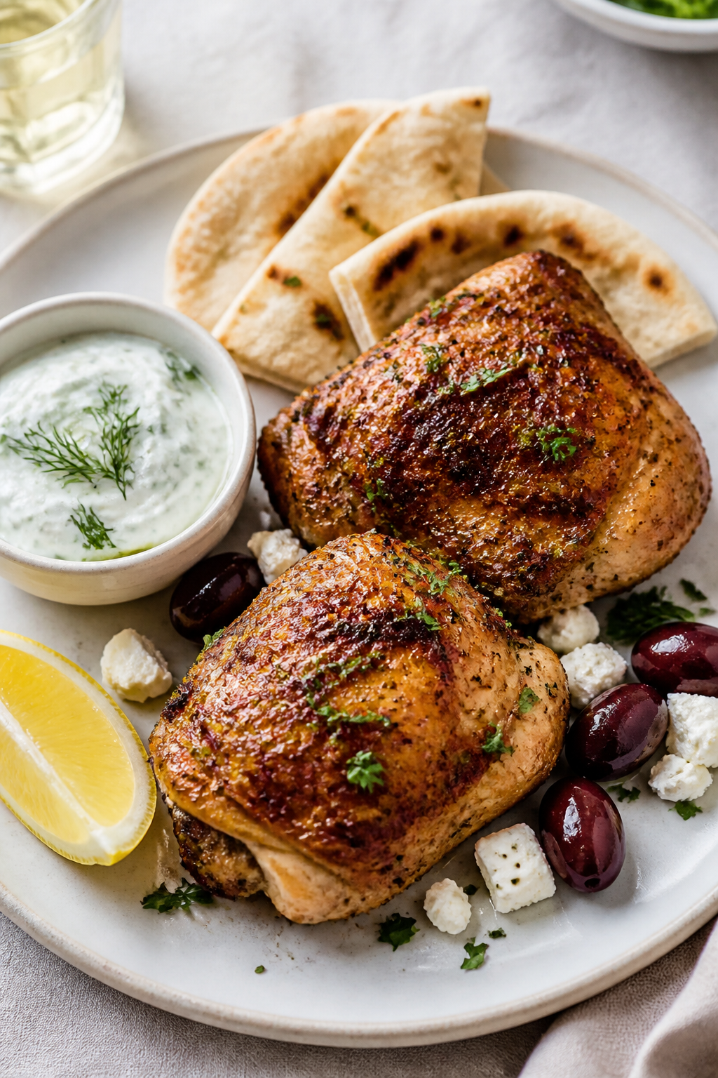 Final dish presentation: Beautifully plated Juicy Greek Chicken Thighs on a white ceramic plate, ski