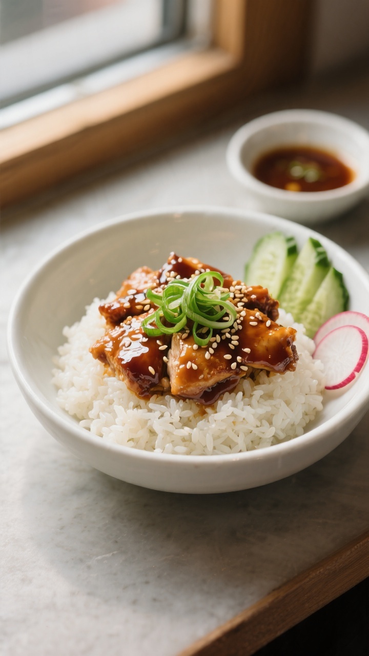 Final dish presentation: Beautifully plated Korean Sweet Soy Chicken over a neat mound of steamed sh