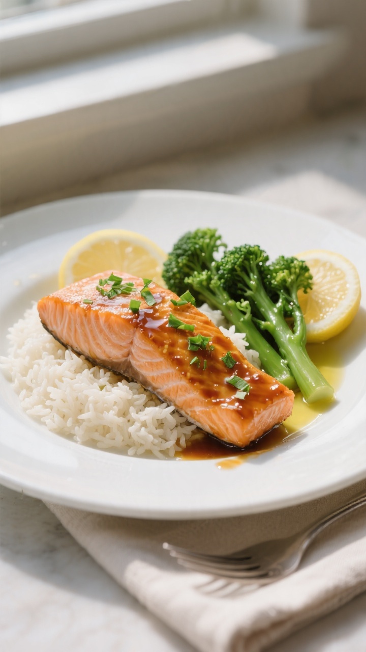 Final dish presentation: Beautifully plated Maple Dijon Salmon fillet on a white ceramic plate over 