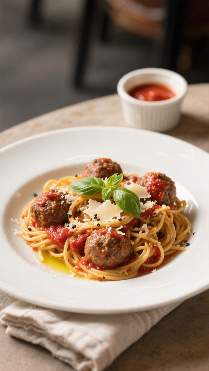 Final dish presentation: Beautifully plated meatballs with marinara over whole-grain spaghetti, twir