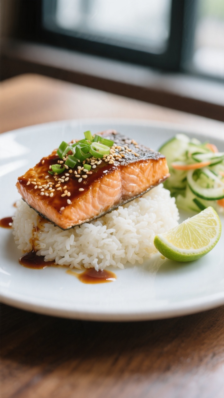 Final dish presentation: Beautifully plated miso glazed salmon fillet on a matte white plate over a 