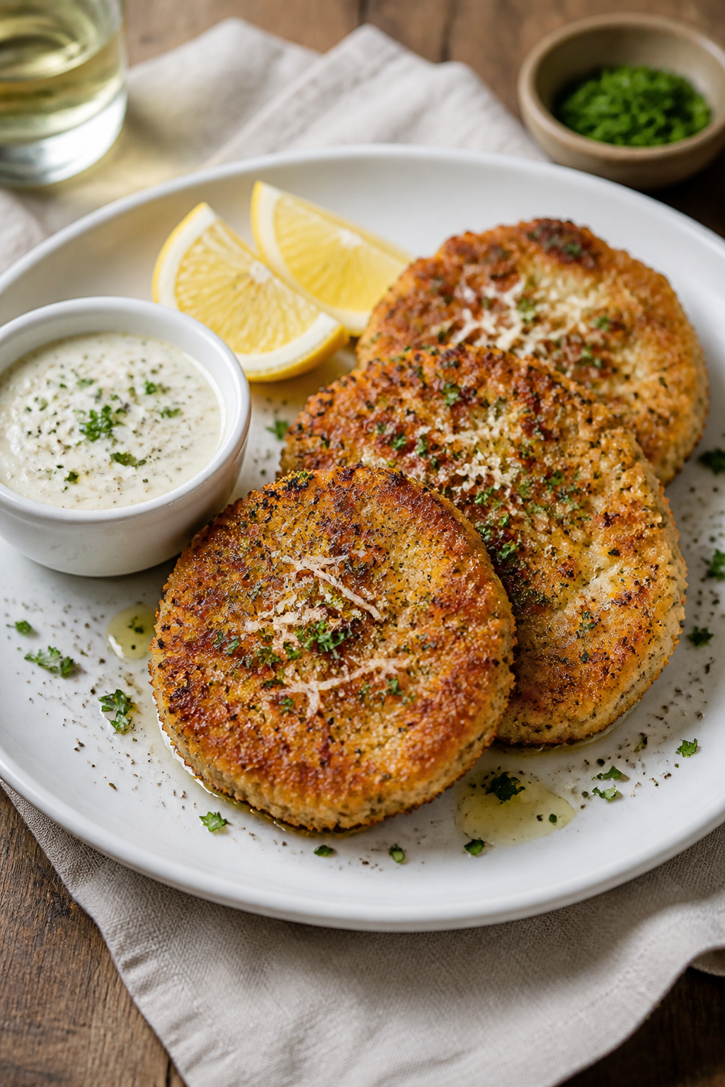 Final dish presentation: Beautifully plated Parmesan Crusted Cauliflower Cutlets stacked slightly of