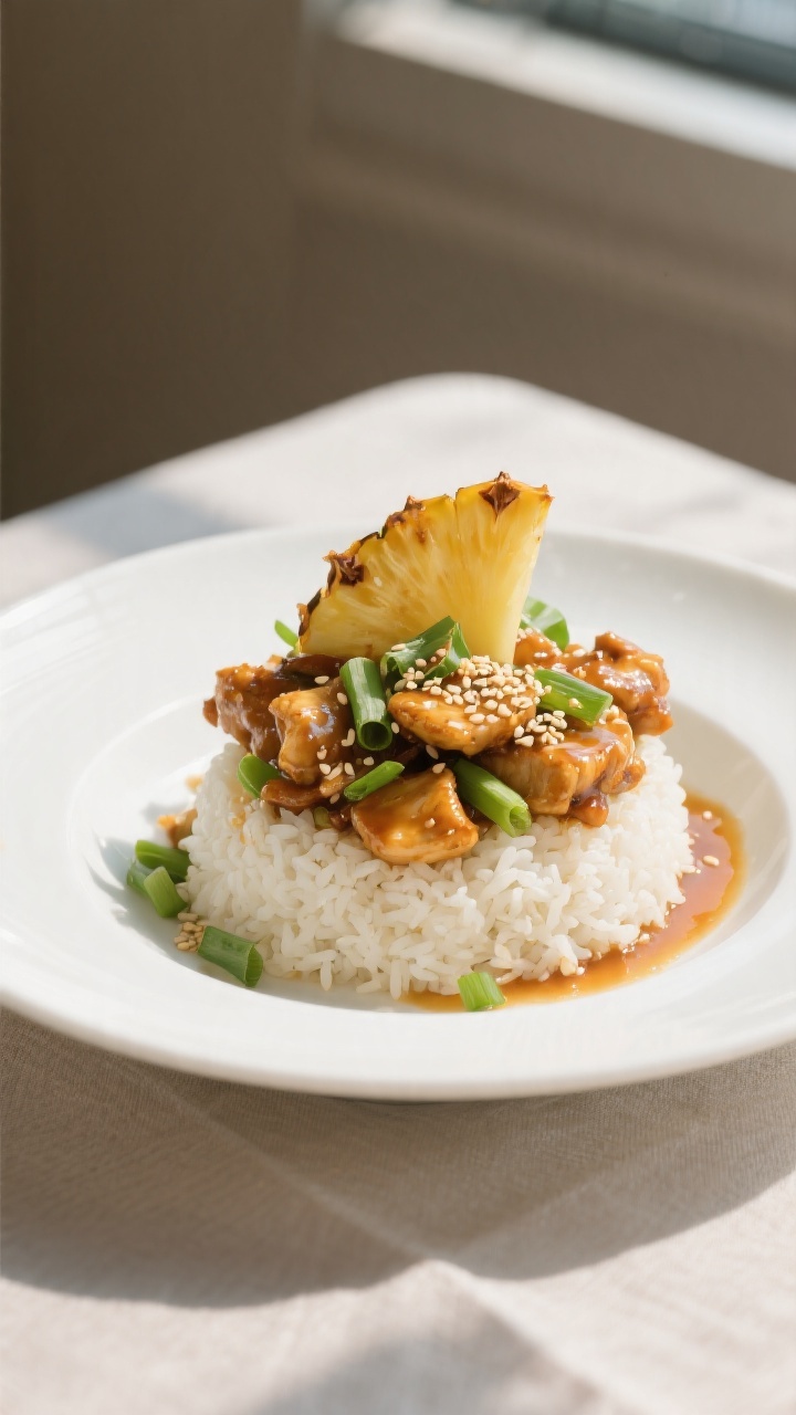 Final dish presentation: Beautifully plated Pineapple Chicken Stir Fry over a small mound of fluffy 
