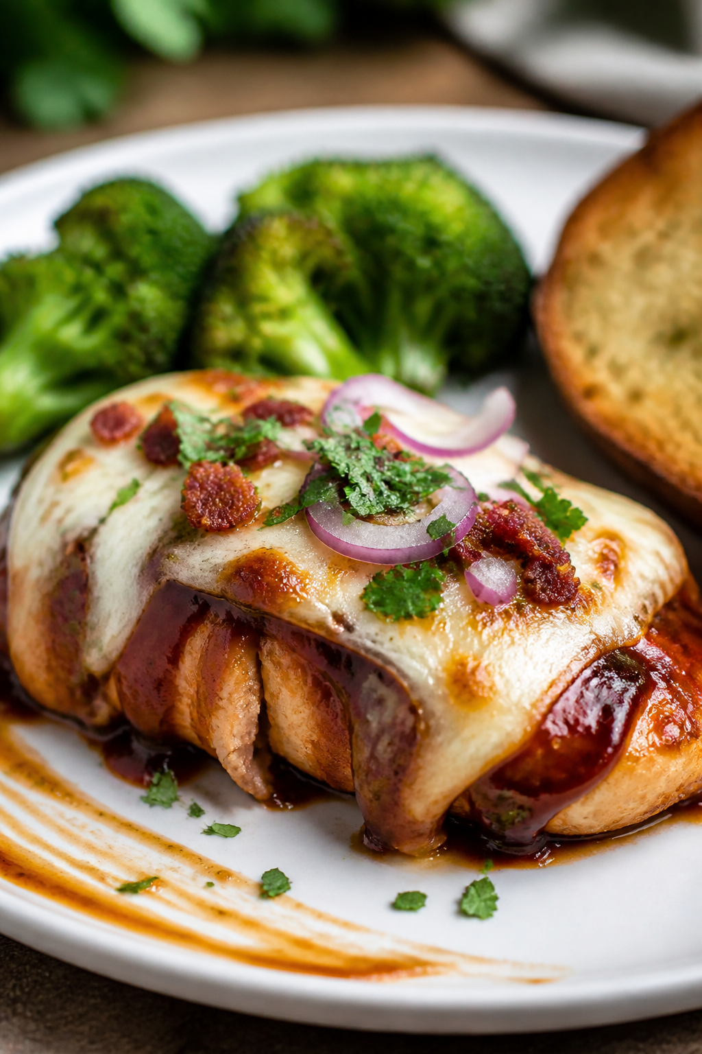 Final dish presentation: Beautifully plated serving of BBQ Chicken Mozzarella Bake on a matte white 