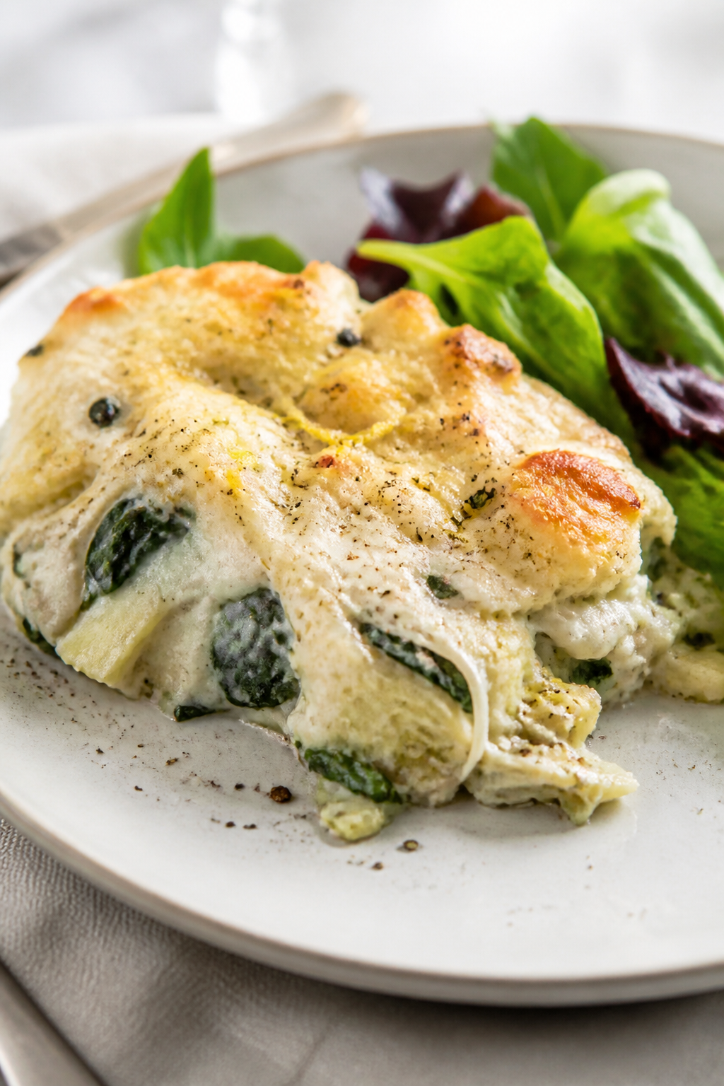 Final dish presentation: Beautifully plated serving of Creamy Spinach Artichoke Cauliflower Casserol