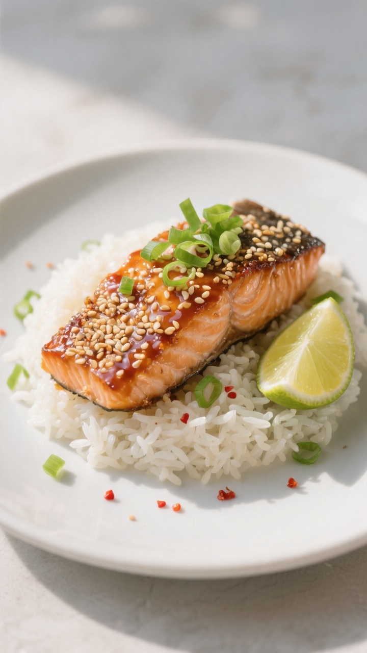Final dish presentation: Beautifully plated sesame crusted salmon on a matte white plate over a moun