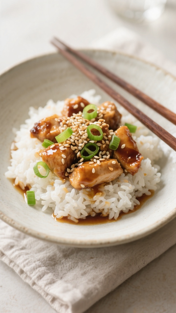 Final dish presentation: Beautifully plated Sesame Chicken over fluffy white rice in a wide, shallow