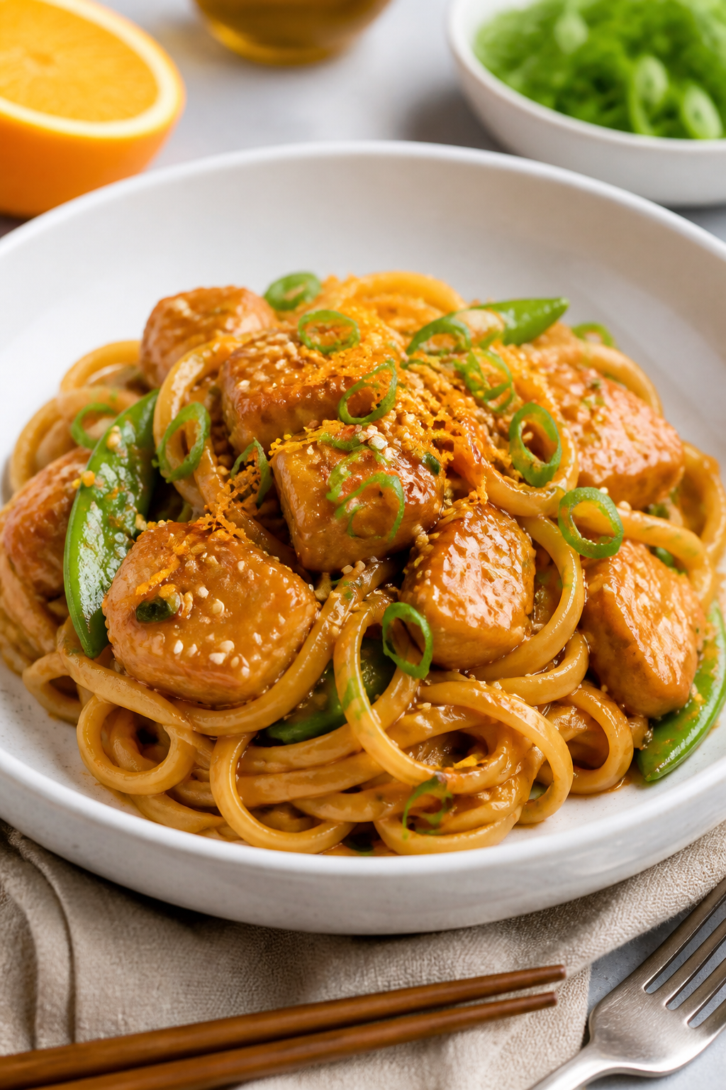 Final dish presentation: Beautifully plated Sesame Orange Chicken Pasta twirled into a neat nest on 