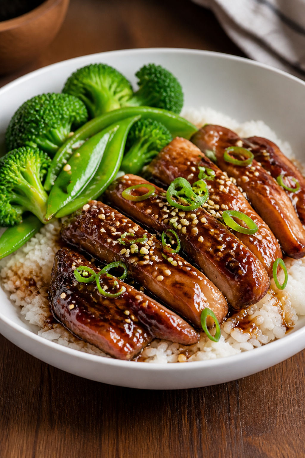 Final dish presentation: Beautifully plated Slow Cooker Teriyaki Chicken Thighs over fluffy jasmine 
