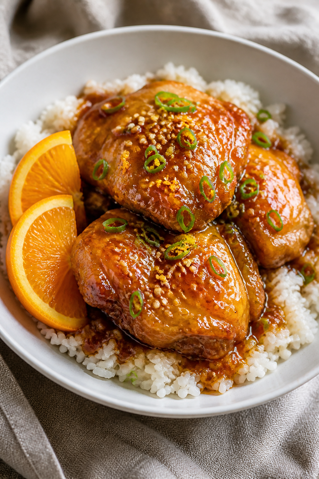 Final dish presentation: Beautifully plated Sticky Orange Chicken Thighs over fluffy jasmine rice in