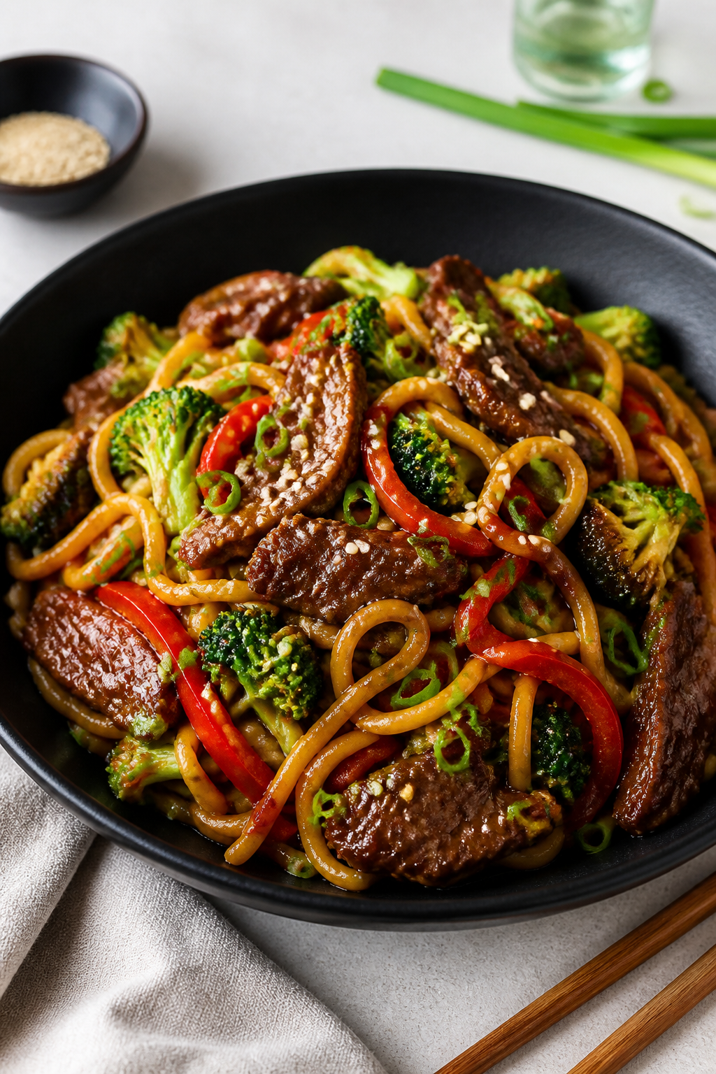 Final dish presentation: Beautifully plated Sticky Mongolian Beef Lo Mein twirled high in a shallow 