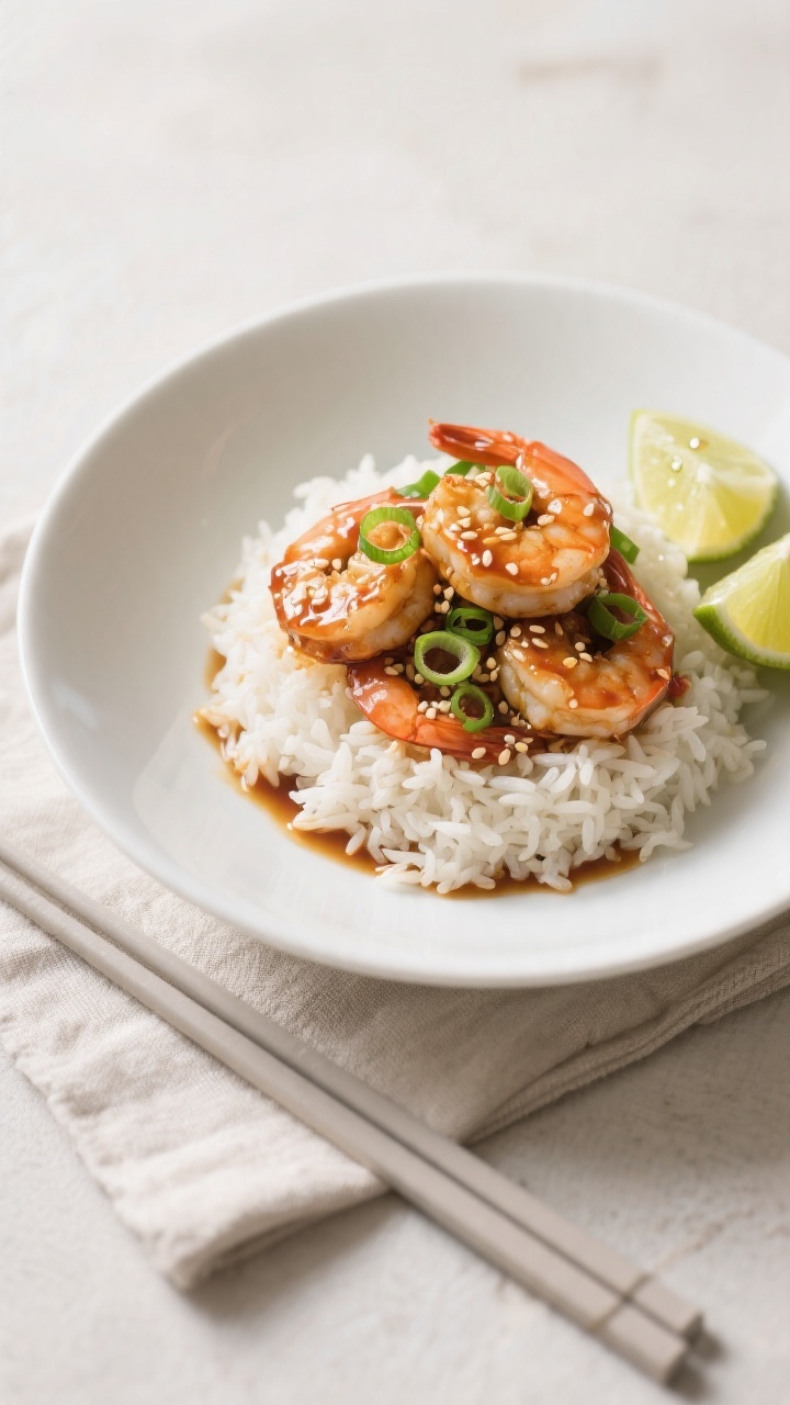 Final dish presentation: Beautifully plated Sweet Chili Garlic Shrimp over fluffy jasmine rice in a 