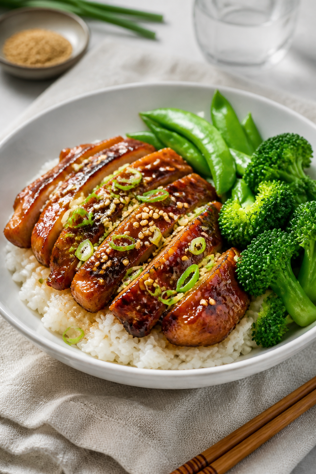 Final dish presentation: Beautifully plated Sweet and Sticky Teriyaki Chicken Thighs over fluffy jas