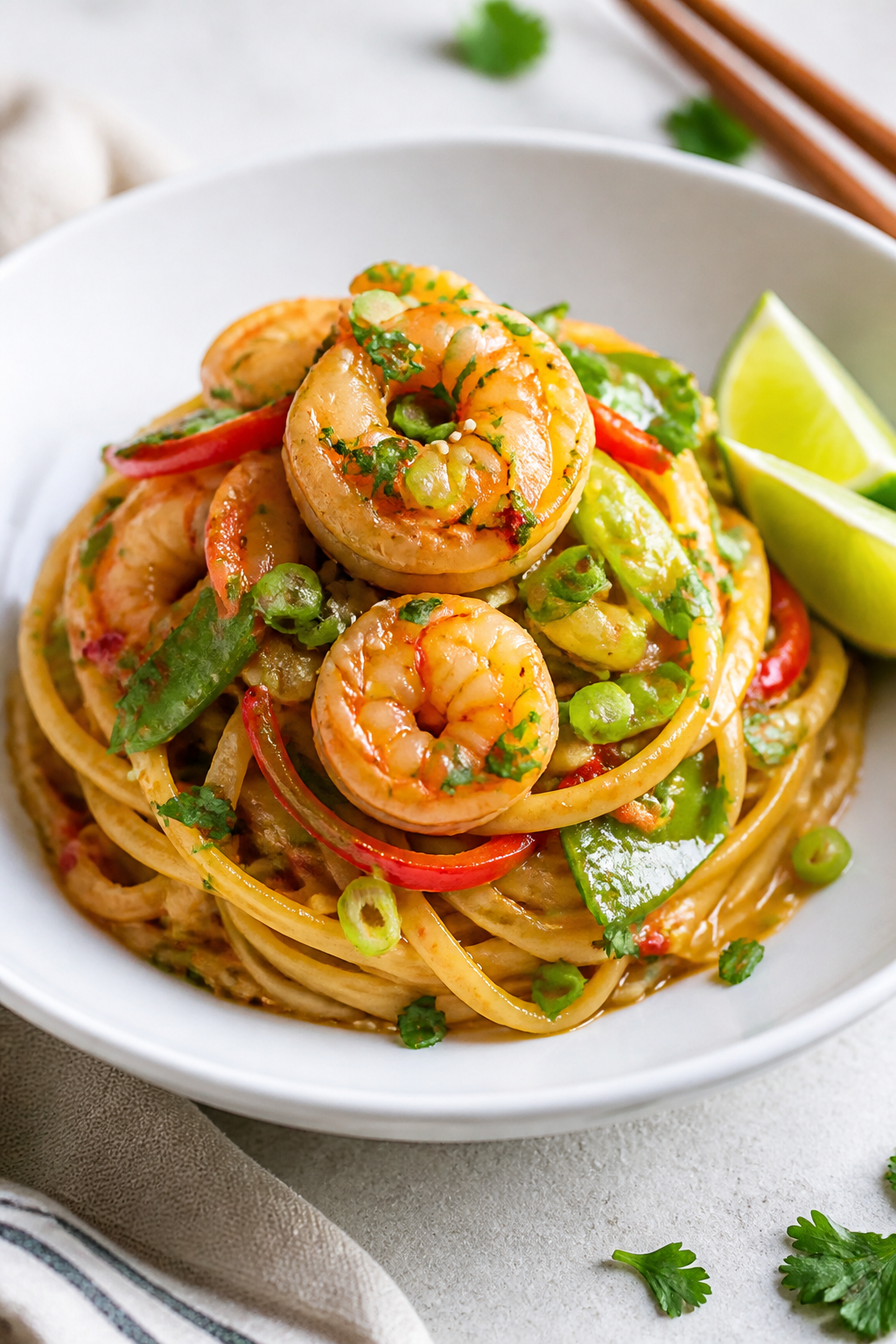 Final dish presentation: Beautifully plated Thai Sweet Chili Shrimp Pasta twirled into a high nest o
