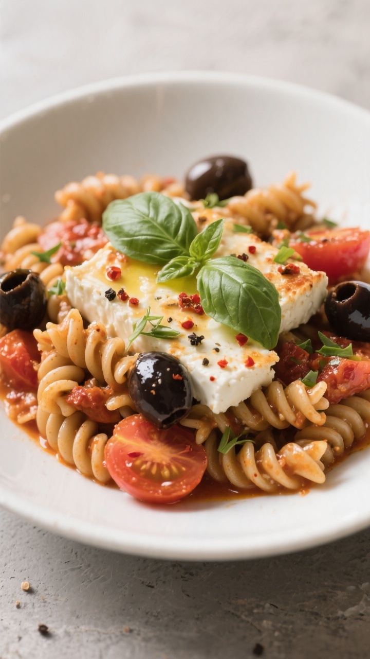 Final dish presentation: Beautifully plated whole-grain fusilli tossed in creamy baked feta and roas