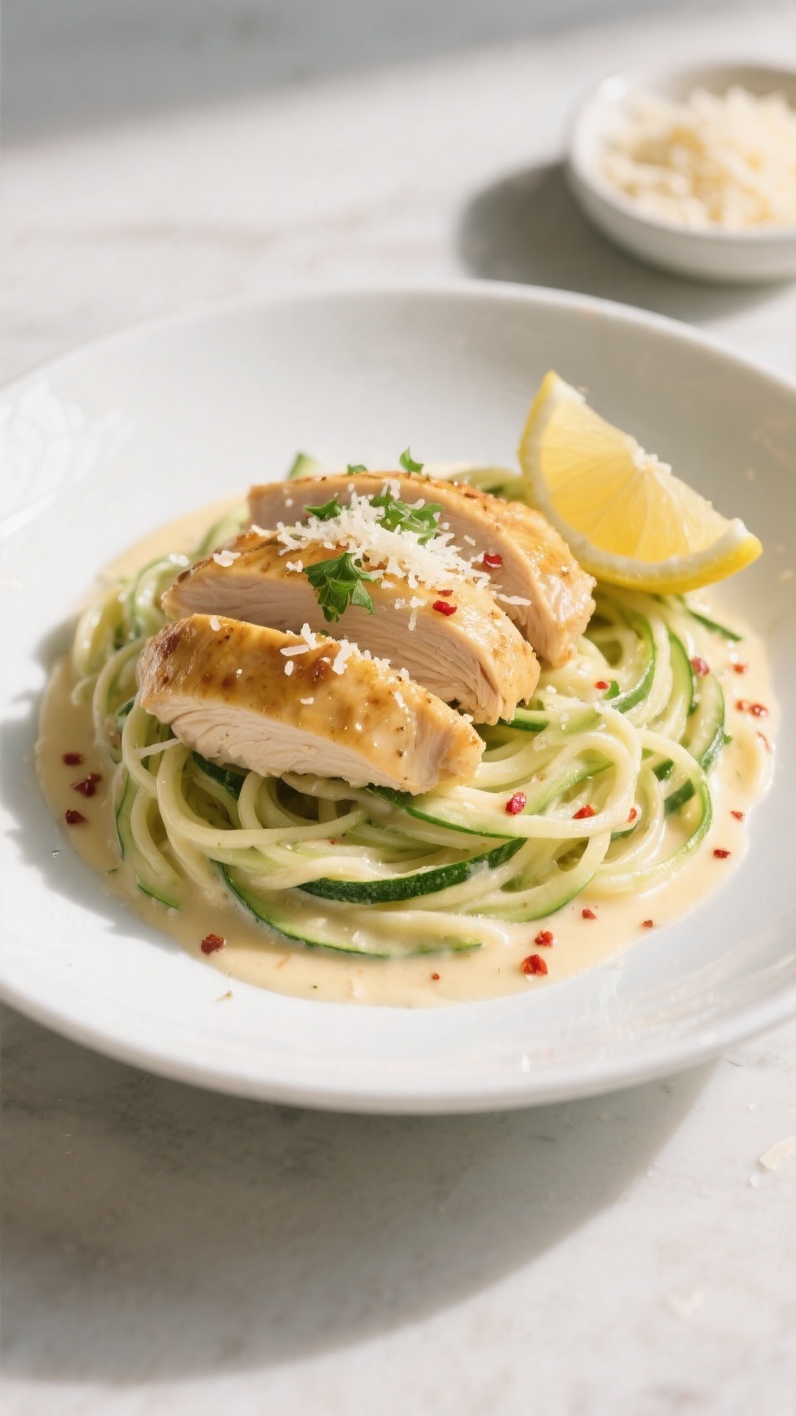 Final dish presentation: Beautifully plated Zucchini Noodle Chicken Alfredo twirled into a neat nest