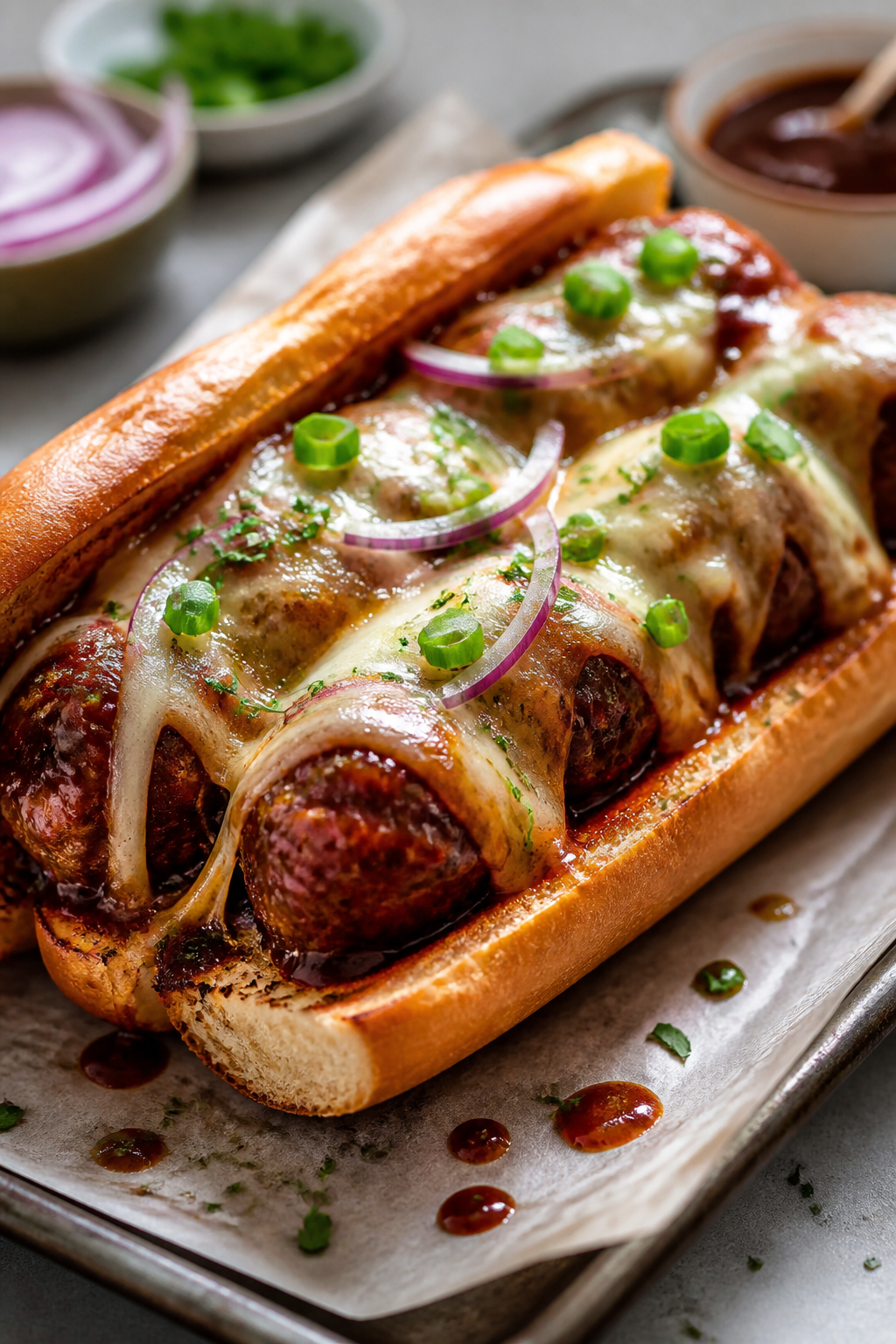 Final dish presentation: Fully assembled BBQ meatball sub on a toasted hoagie roll, stuffed with sau