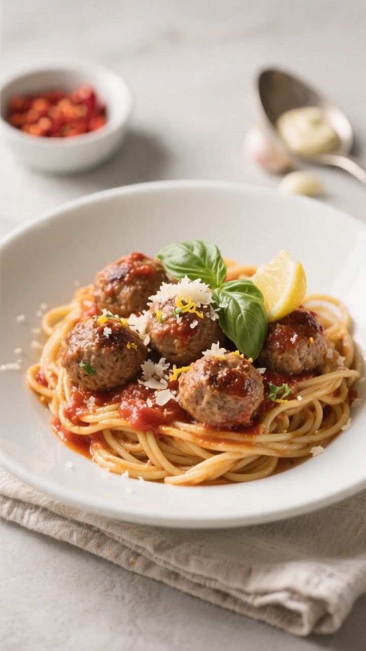 Final dish presentation: Garlic Parmesan turkey meatballs over al dente spaghetti with warm marinara