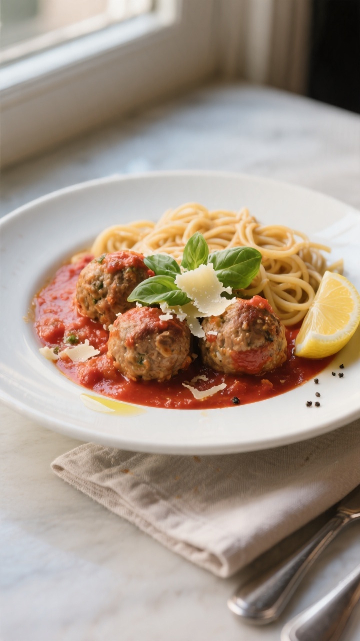 Final dish presentation: Italian-style turkey meatballs nestled in warm marinara on a wide, white ri