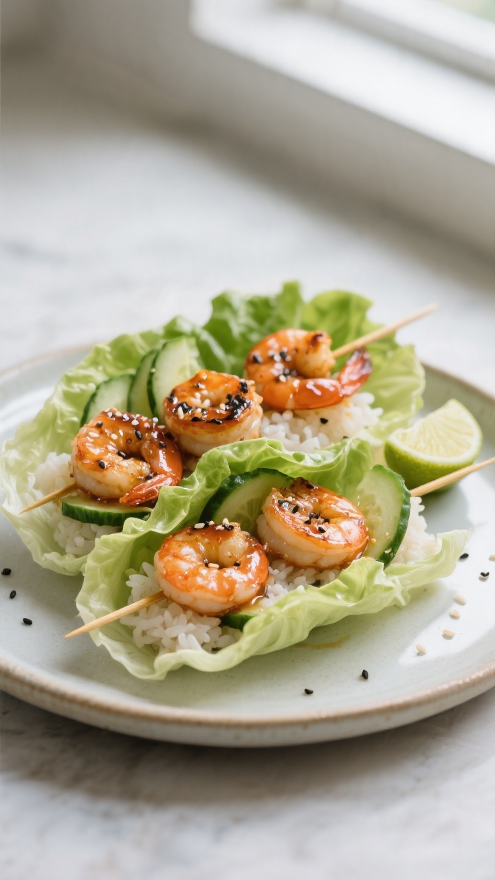 Final dish presentation: Korean BBQ shrimp skewers served lettuce-wrap style—butter lettuce leaves
