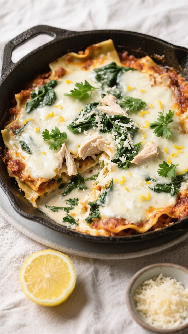Final dish presentation, overhead: Beautifully plated Healthy White Chicken Lasagna Skillet served f