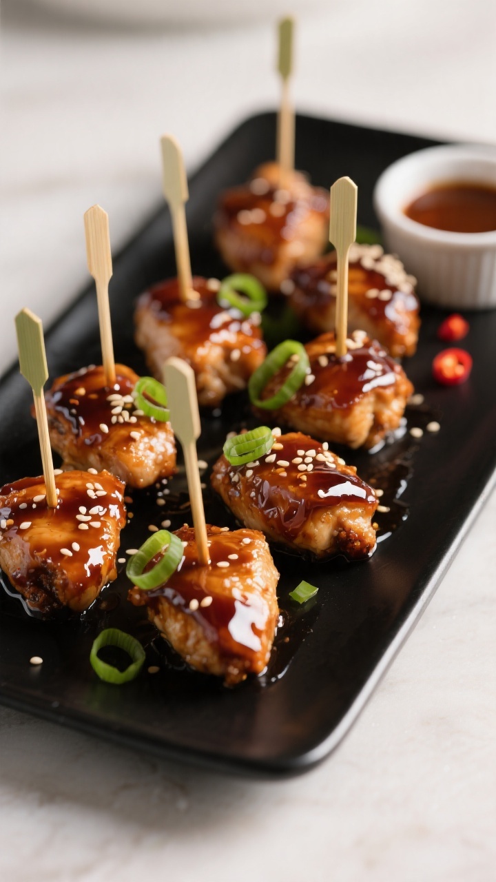 Final dish presentation: Party-style platter of glossy teriyaki chicken bites arranged as appetizers