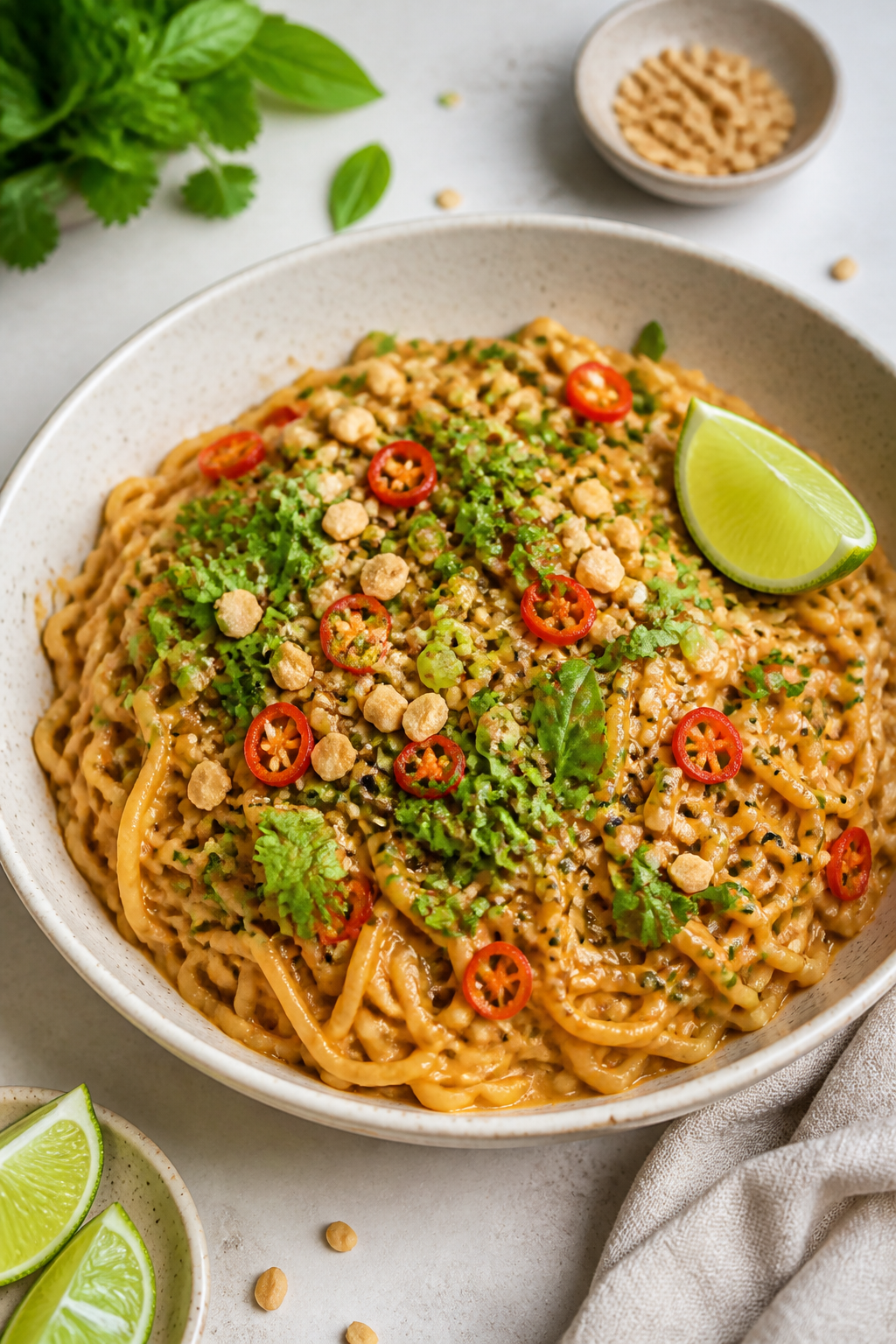 Final dish presentation — Restaurant-quality bowl: Beautifully plated Easy Thai Peanut Ramen in a 