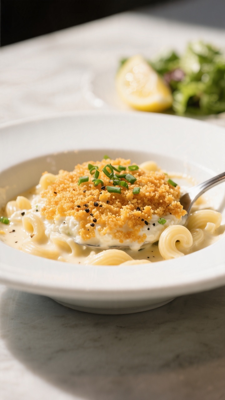 Final dish presentation: Restaurant-quality bowl of cottage cheese mac and cheese spooned into a wid