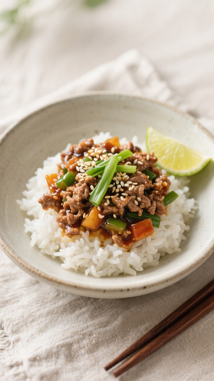 Final dish presentation: Restaurant-quality bowl of Ground Turkey Teriyaki over fluffy white rice, n