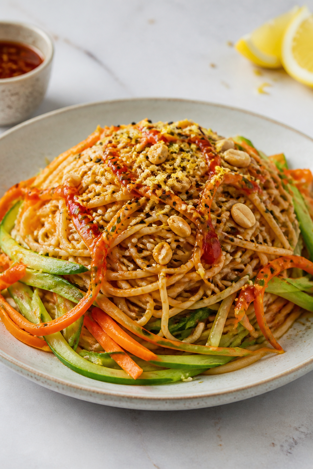 Final dish presentation: Restaurant-quality cold sesame noodle variation served chilled—noodles gl