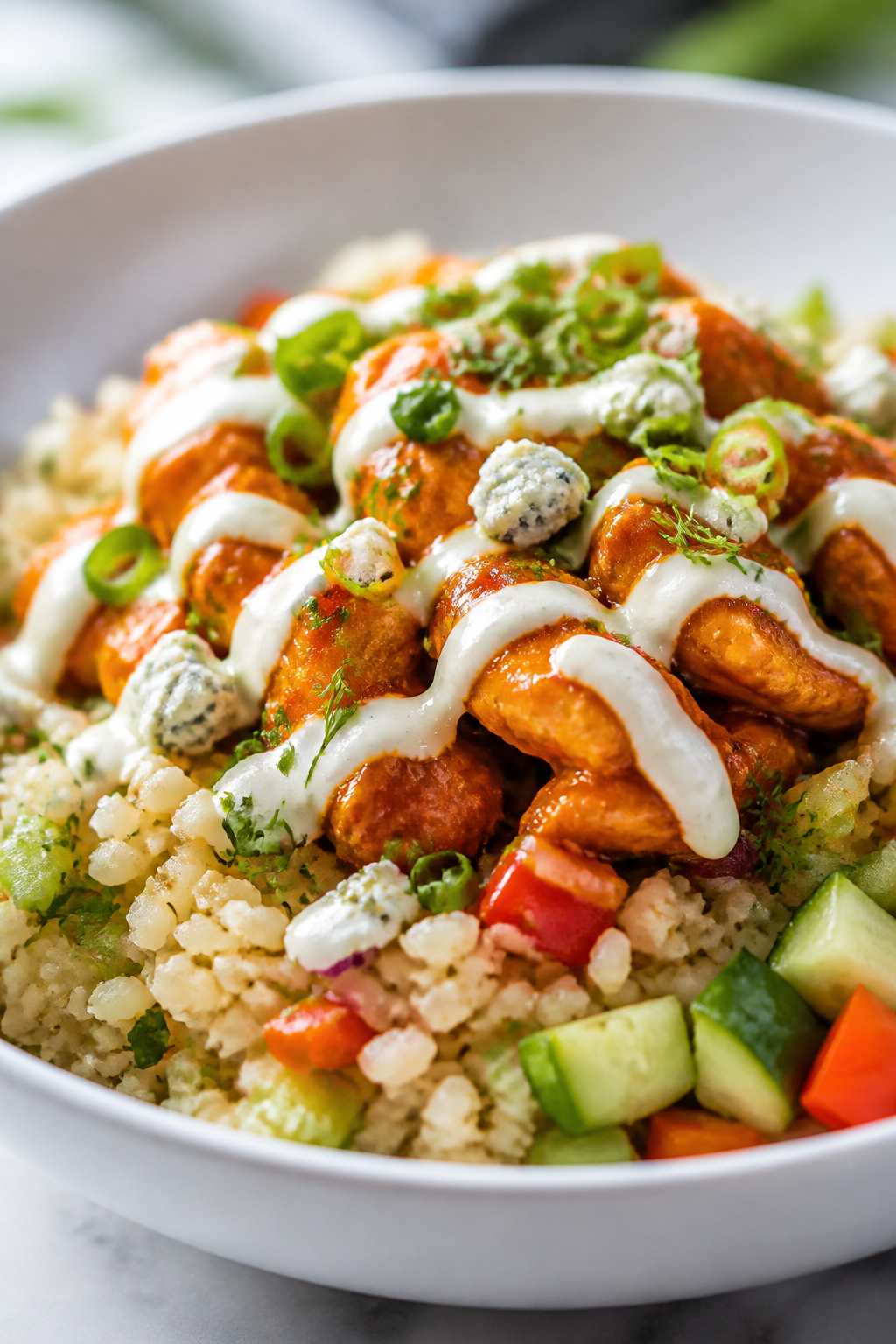 Final dish presentation — Restaurant-quality plated bowl: Three-quarter close-up of a finished Buf