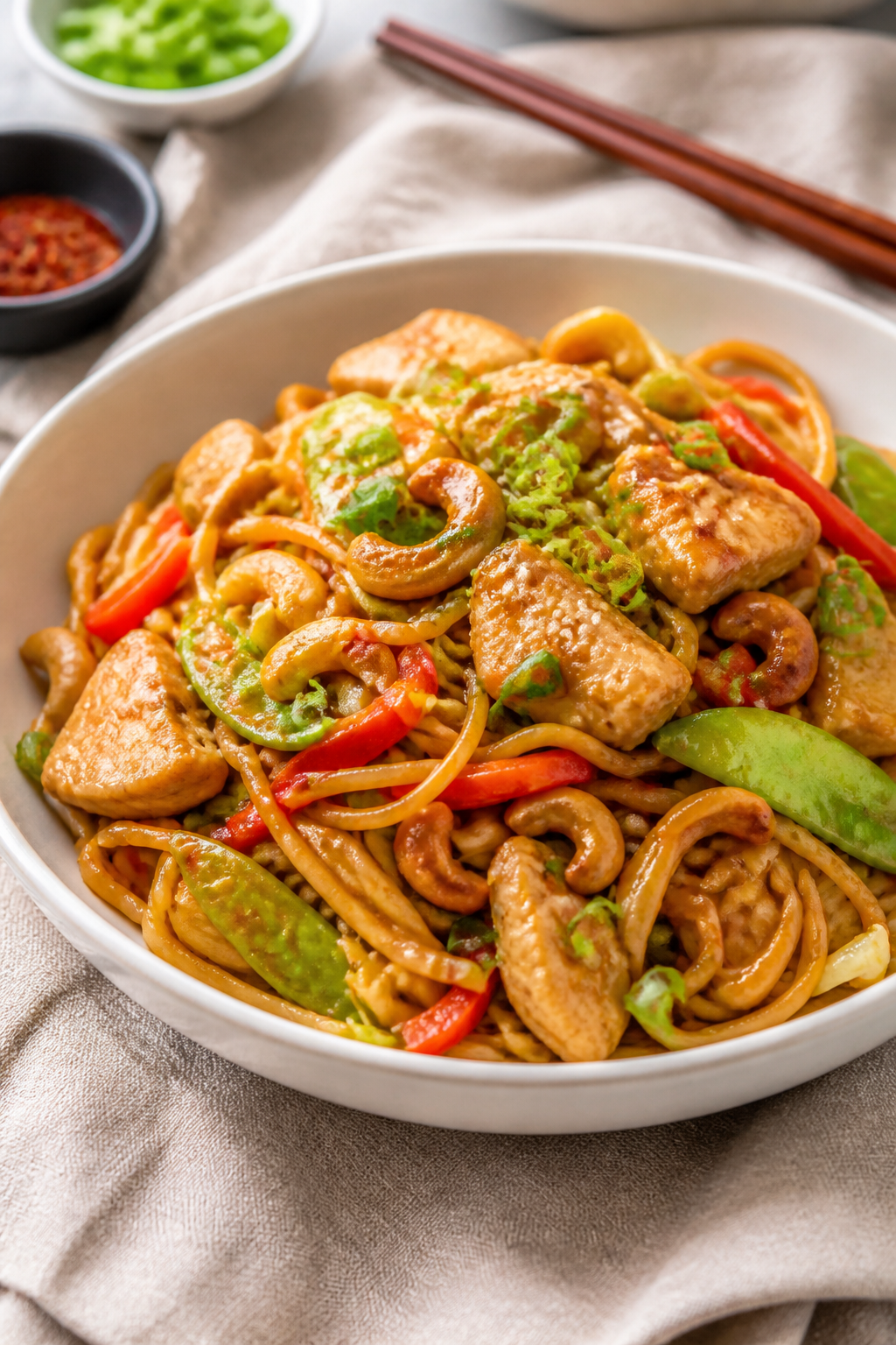 Final dish presentation: Restaurant-quality plate of Easy Cashew Chicken Lo Mein piled high in a wid