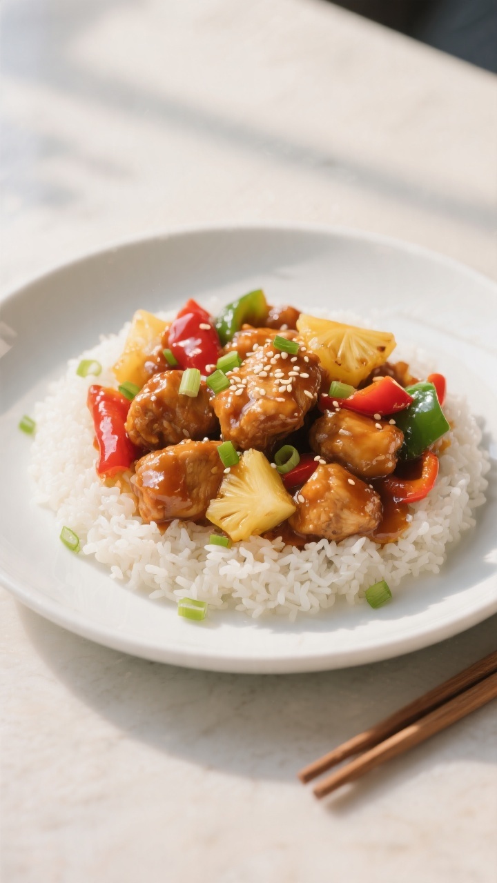 Final dish presentation: Restaurant-quality plate of Sweet and Sour Chicken over a neat mound of flu