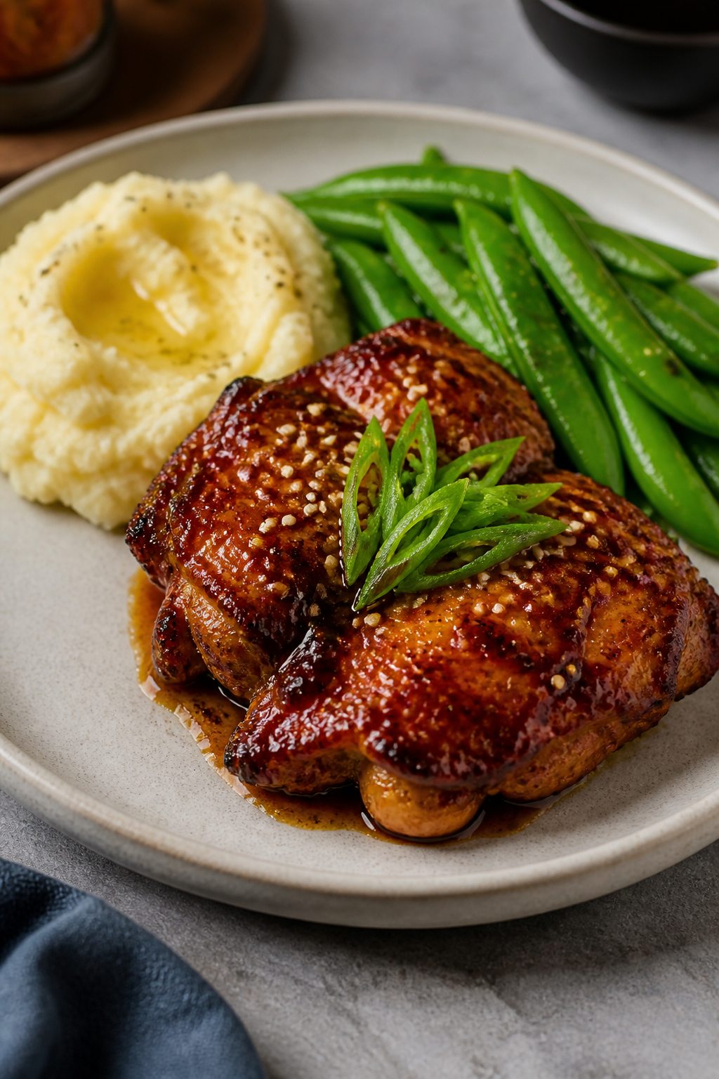 Final dish presentation: Restaurant-quality plate of broiler-finished honey garlic chicken thighs wi