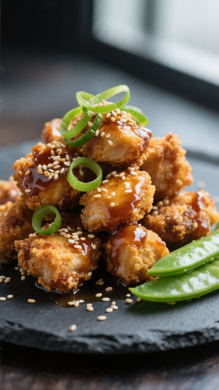 Final dish presentation: Restaurant-quality plate of Crispy Sesame Chicken Bites piled high, lacquer