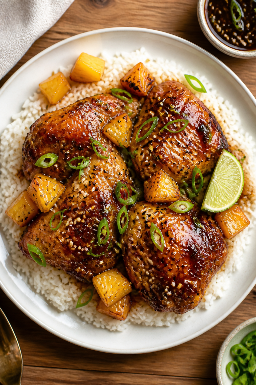 Final dish presentation: Restaurant-quality plate of Sticky Pineapple Chicken Thighs served over flu