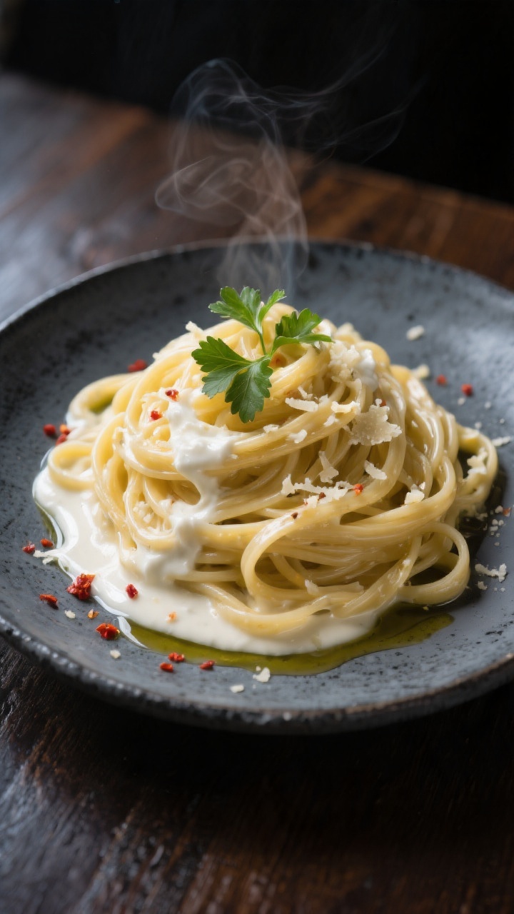 Final dish presentation: Restaurant-quality plate of linguine in creamy Greek yogurt–Parmesan sauc