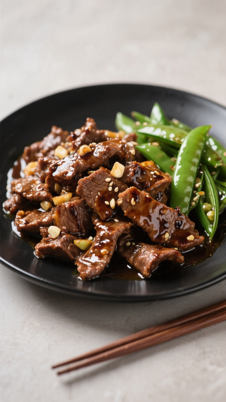 Final dish presentation: Restaurant-quality plate of Mongolian beef piled high on a matte black plat