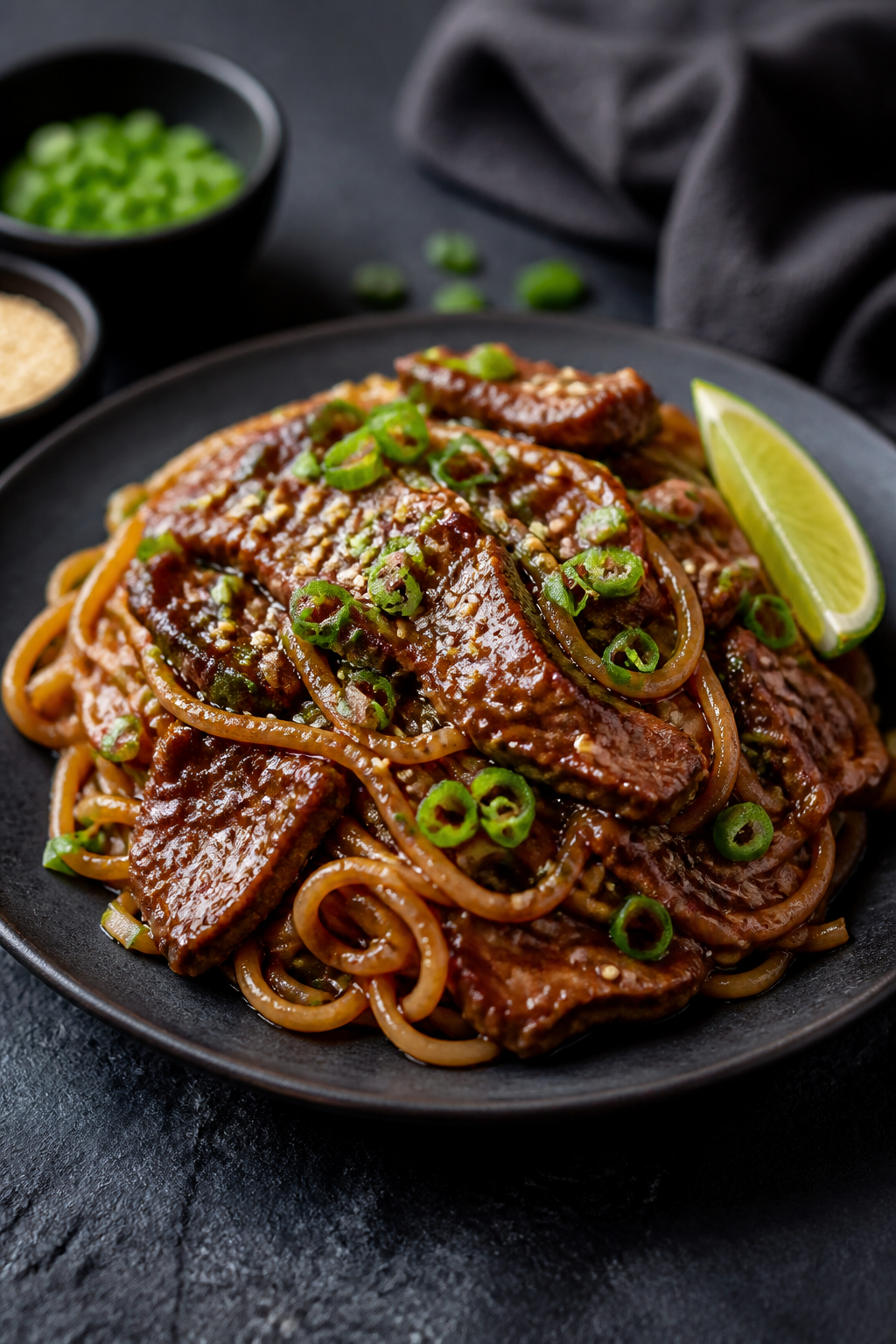 Final dish presentation: Restaurant-quality plate-up of Korean BBQ Beef Noodles piled high with defi