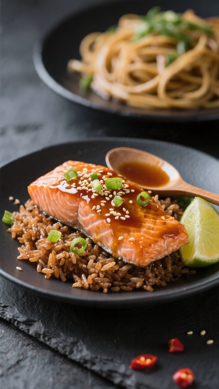 Final dish presentation: Restaurant-quality plated salmon set over warm brown rice with a generous s